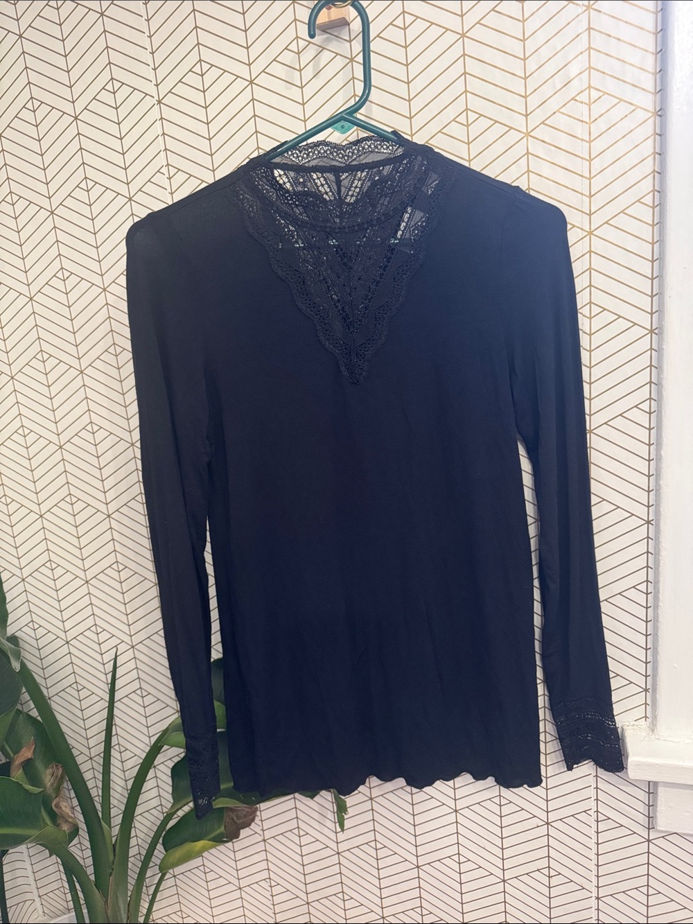 Black Lace-Trim Maternity Mock Neck Long Sleeve Women's Top